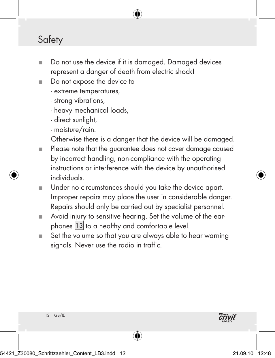 Safety | Crivit Z30080 User Manual | Page 10 / 94