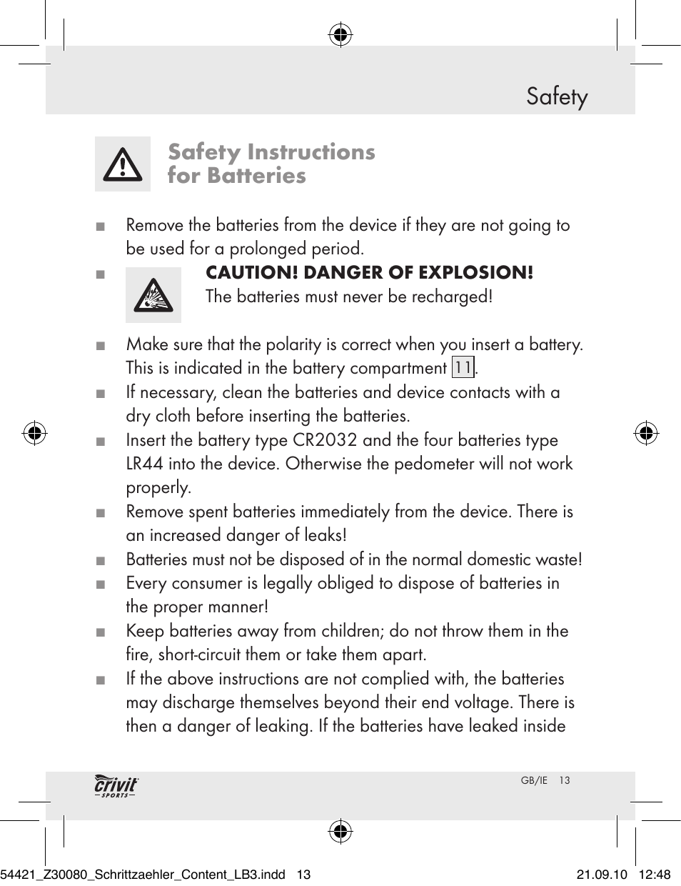 Safety, Safety instructions for batteries | Crivit Z30080 User Manual | Page 11 / 94