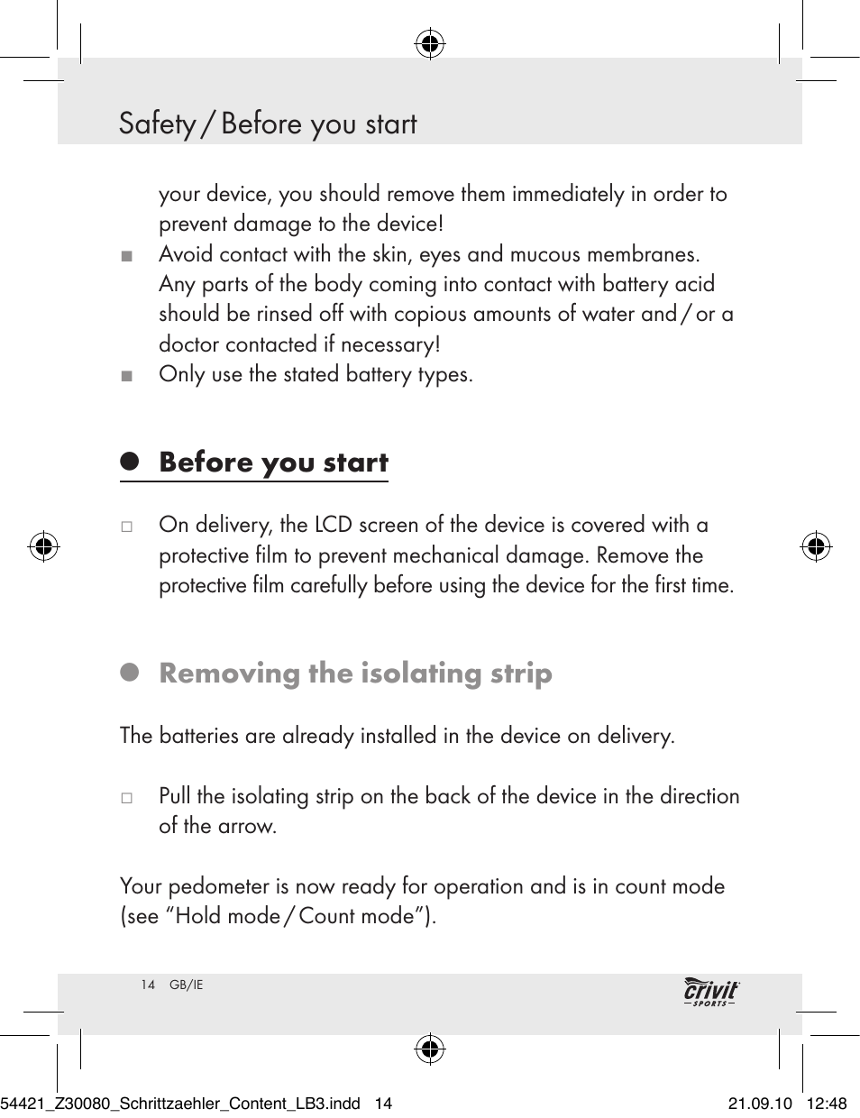 Getting started safety / before you start, Before you start, Removing the isolating strip | Crivit Z30080 User Manual | Page 12 / 94