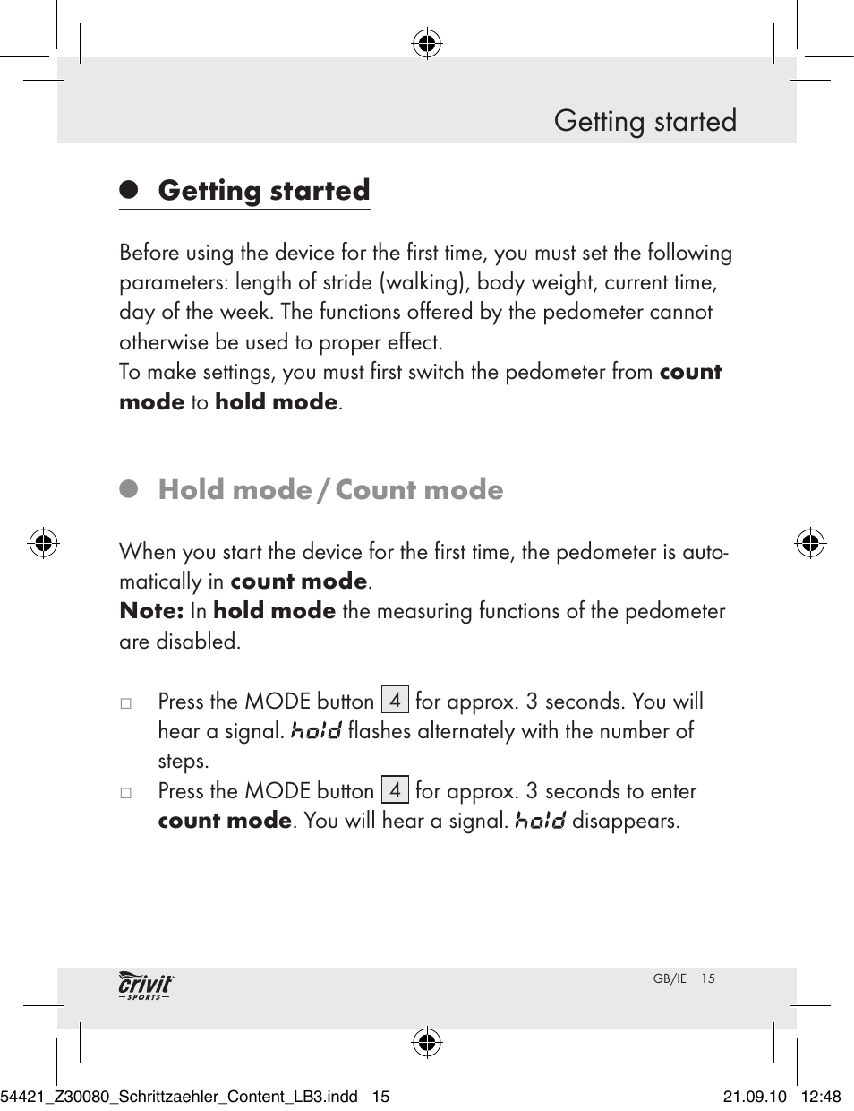 Getting started, Hold mode / count mode | Crivit Z30080 User Manual | Page 13 / 94