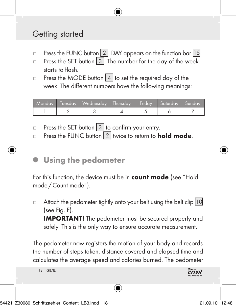 Getting started, Using the pedometer | Crivit Z30080 User Manual | Page 16 / 94