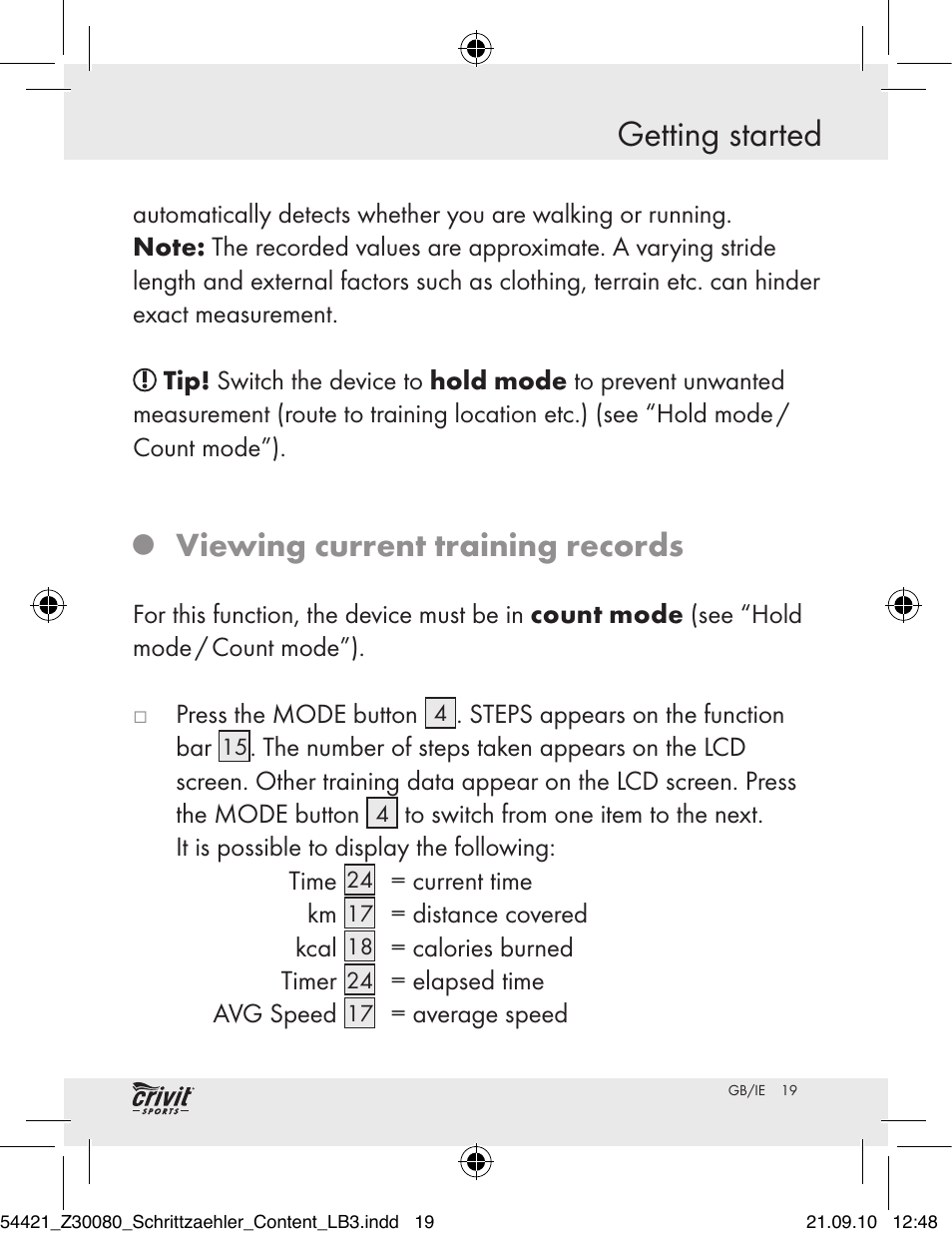 Getting started, Viewing current training records | Crivit Z30080 User Manual | Page 17 / 94