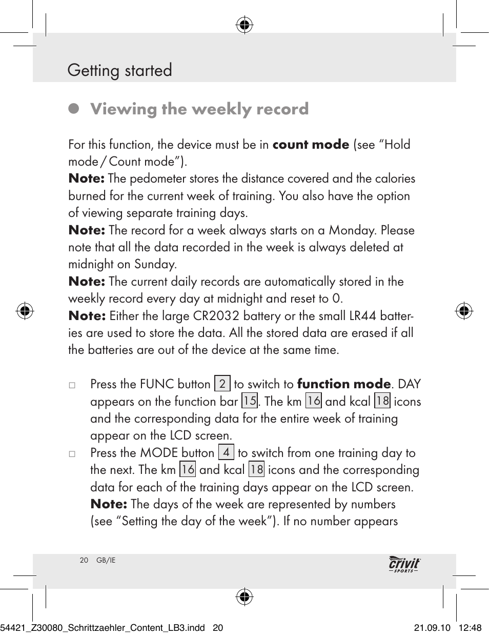 Getting started, Viewing the weekly record | Crivit Z30080 User Manual | Page 18 / 94