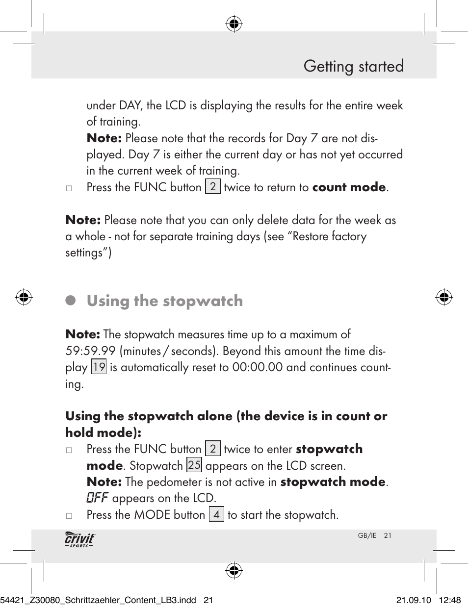 Getting started, Using the stopwatch | Crivit Z30080 User Manual | Page 19 / 94