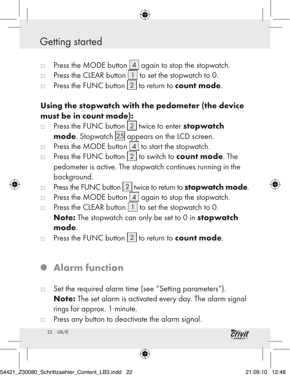 Getting started, Alarm function | Crivit Z30080 User Manual | Page 20 / 94