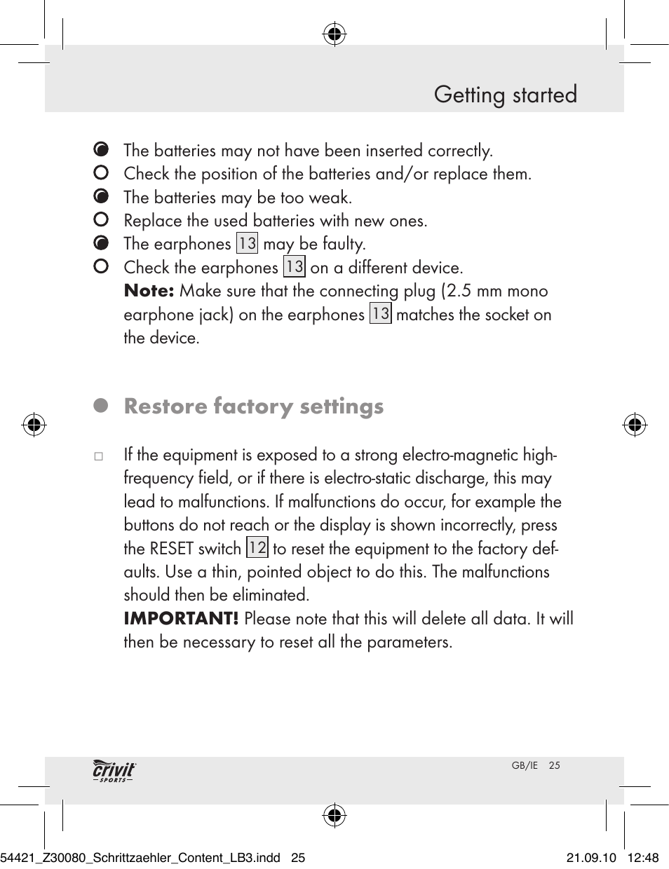 Getting started, Restore factory settings | Crivit Z30080 User Manual | Page 23 / 94