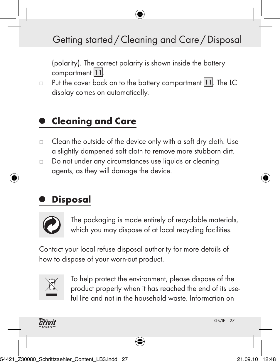 Getting started / cleaning and care / disposal, Cleaning and care, Disposal | Crivit Z30080 User Manual | Page 25 / 94