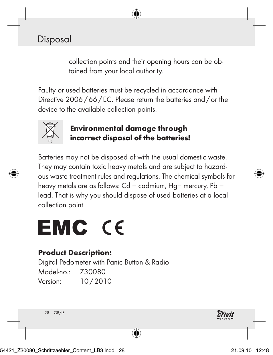 Sisällysluettelo disposal | Crivit Z30080 User Manual | Page 26 / 94