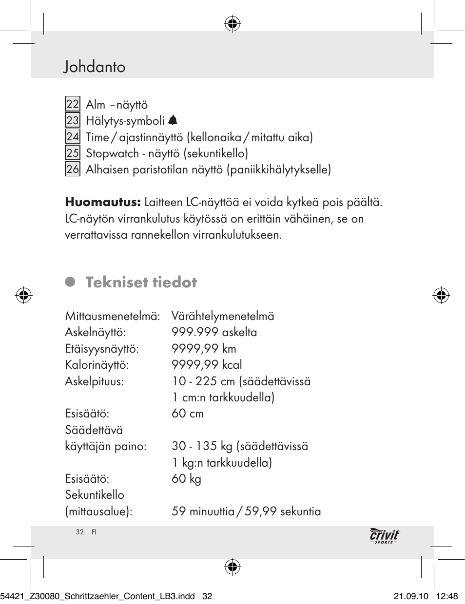 Johdanto, Tekniset tiedot | Crivit Z30080 User Manual | Page 30 / 94