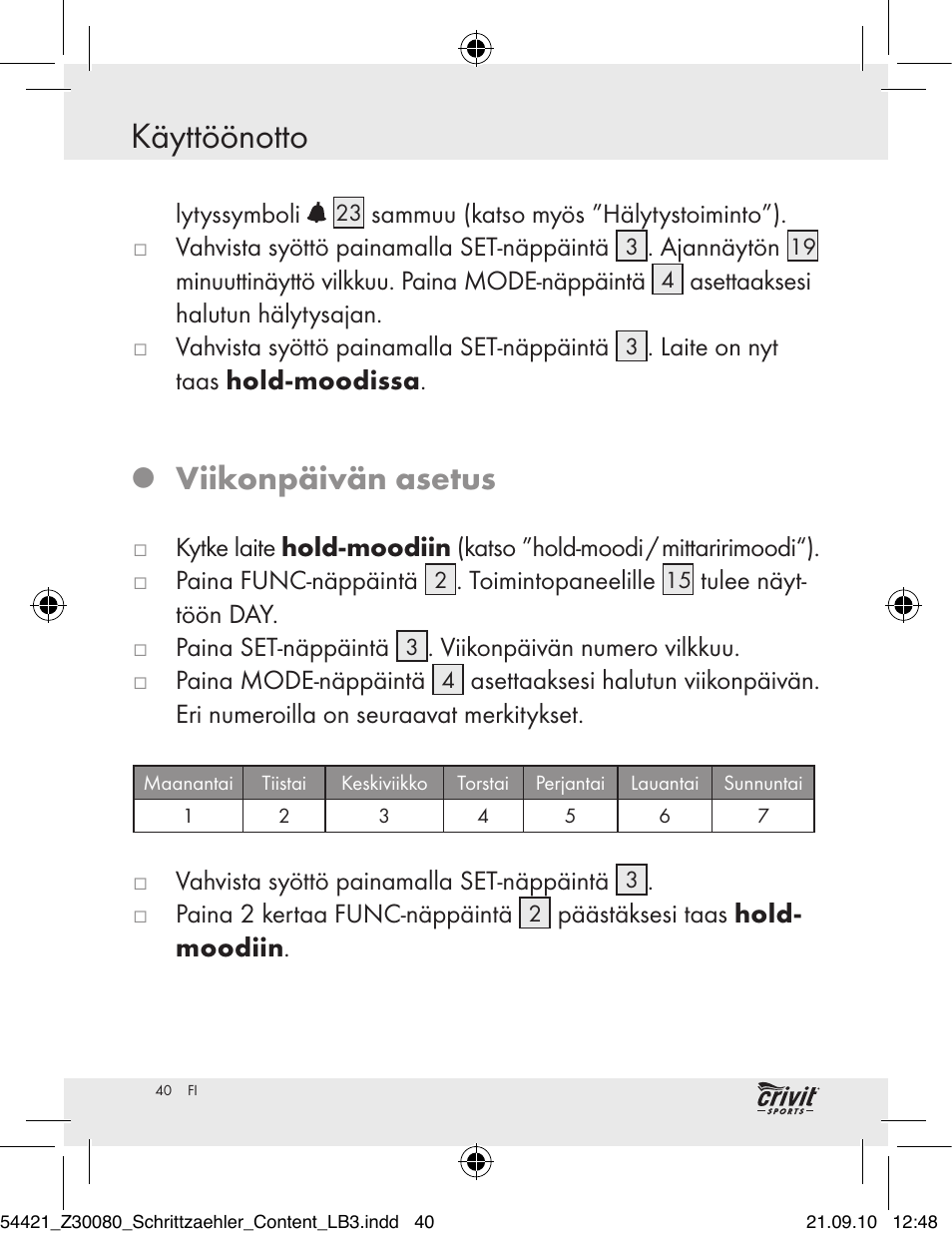 Käyttöönotto, Viikonpäivän asetus | Crivit Z30080 User Manual | Page 38 / 94
