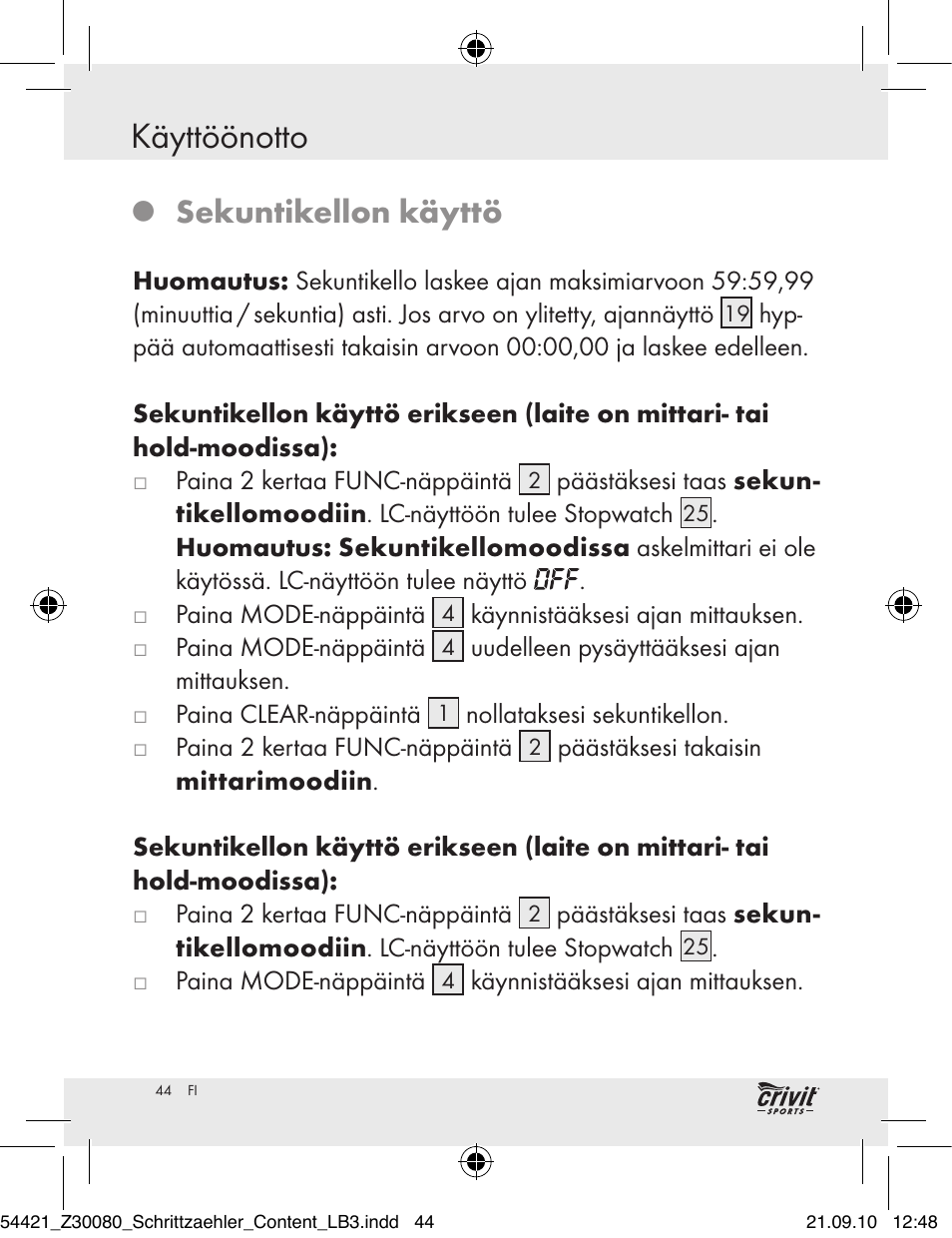 Käyttöönotto, Sekuntikellon käyttö | Crivit Z30080 User Manual | Page 42 / 94