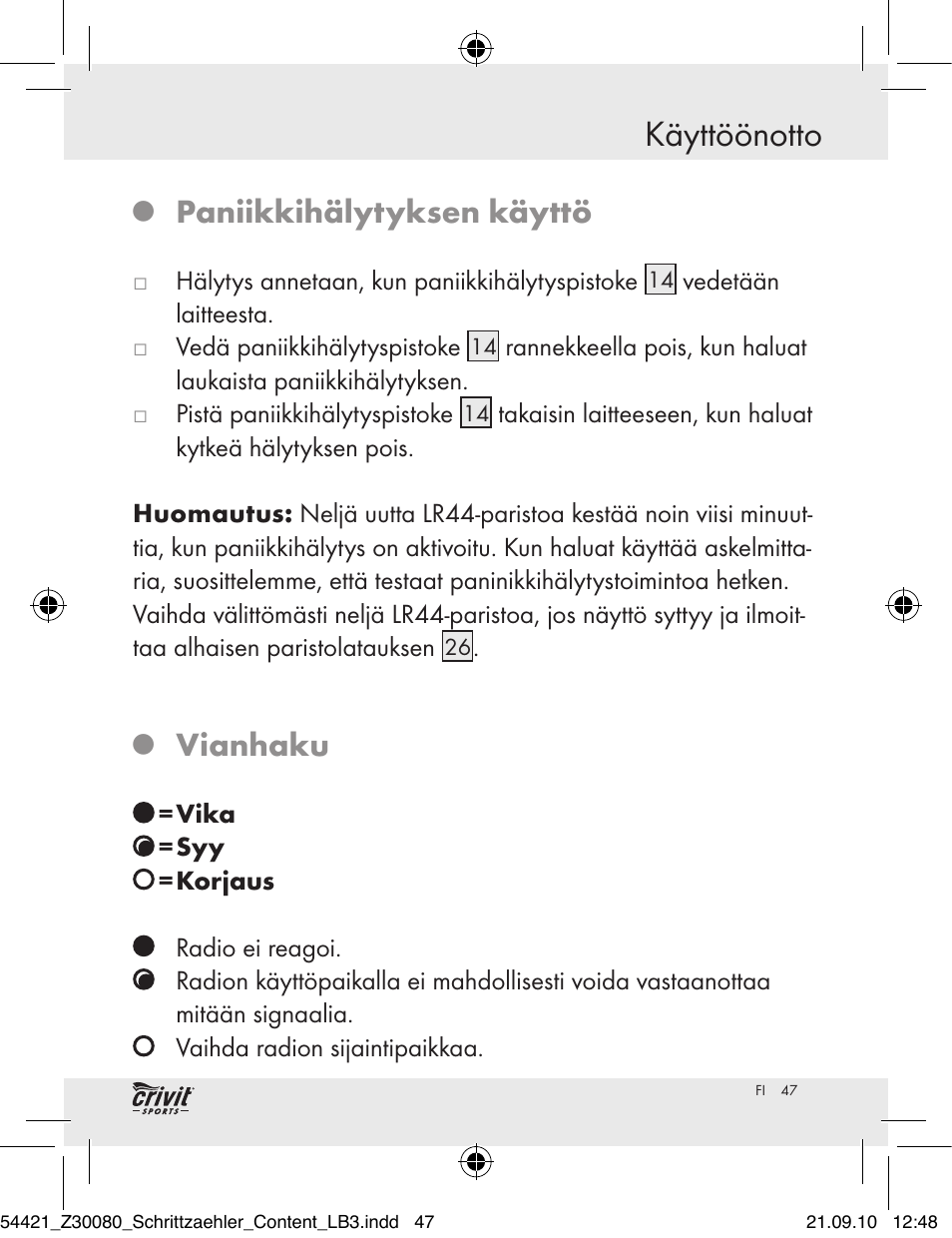 Käyttöönotto, Paniikkihälytyksen käyttö, Vianhaku | Crivit Z30080 User Manual | Page 45 / 94