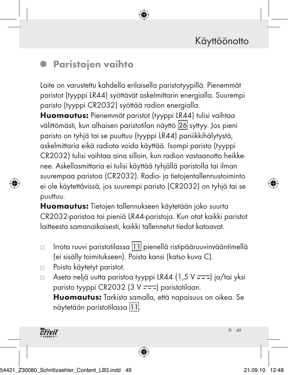 Käyttöönotto, Paristojen vaihto | Crivit Z30080 User Manual | Page 47 / 94