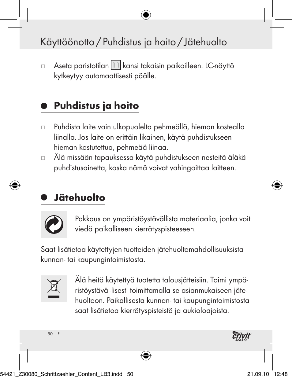 Puhdistus ja hoito, Jätehuolto | Crivit Z30080 User Manual | Page 48 / 94