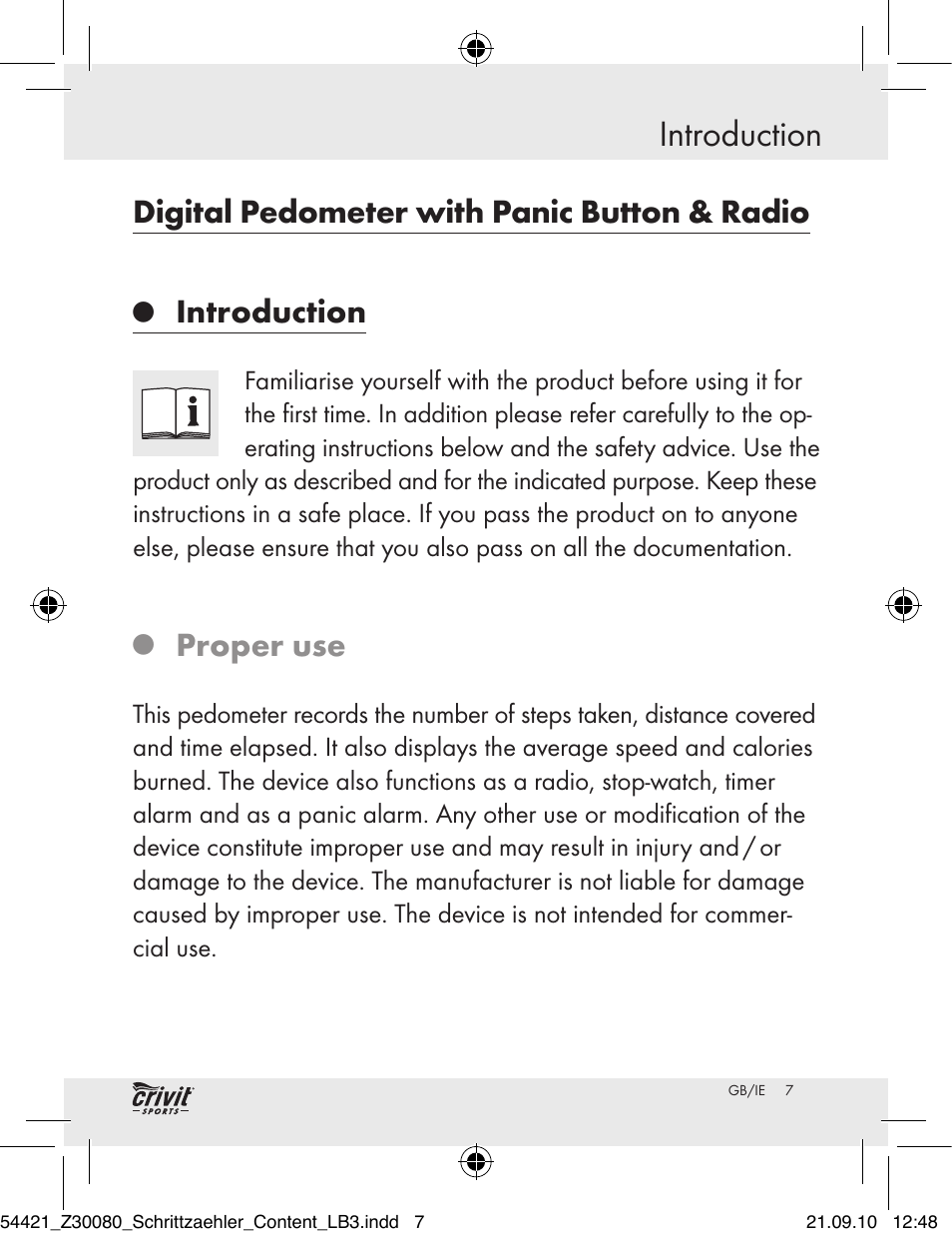 Introduction, Digital pedometer with panic button & radio, Proper use | Crivit Z30080 User Manual | Page 5 / 94