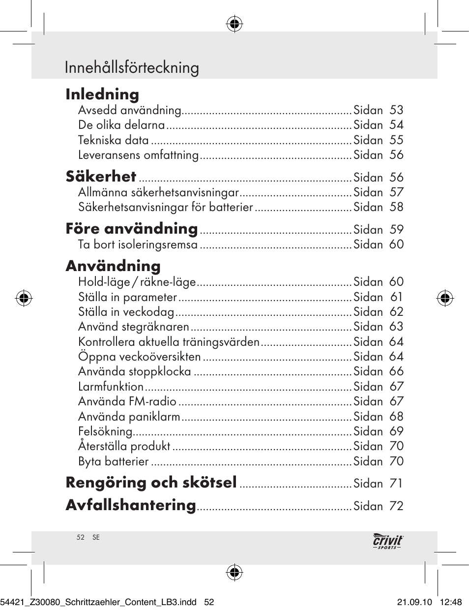 Inledning innehållsförteckning, Inledning, Säkerhet | Före användning, Användning, Rengöring och skötsel, Avfallshantering | Crivit Z30080 User Manual | Page 50 / 94
