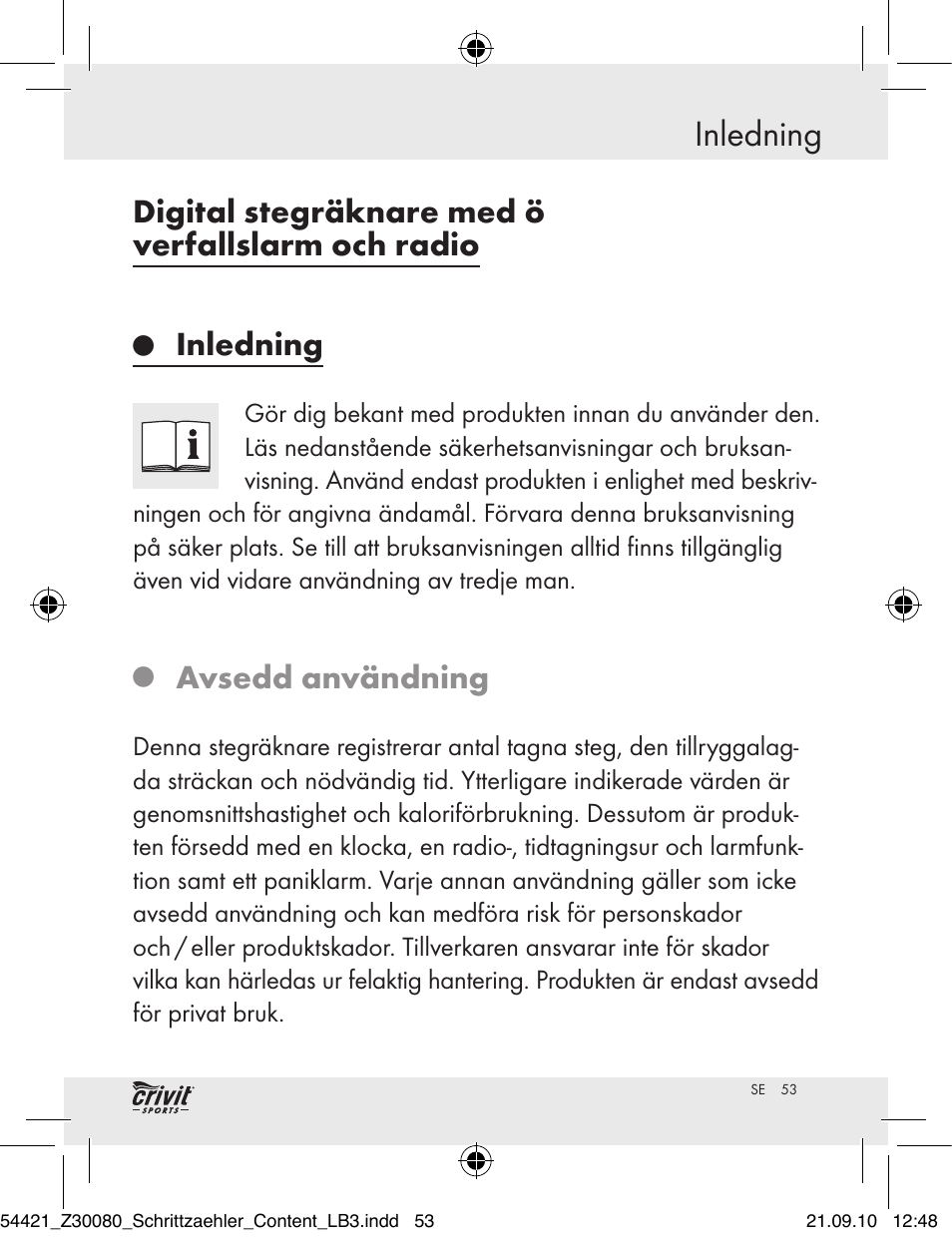 Inledning, Digital stegräknare med ö verfallslarm och radio, Avsedd användning | Crivit Z30080 User Manual | Page 51 / 94