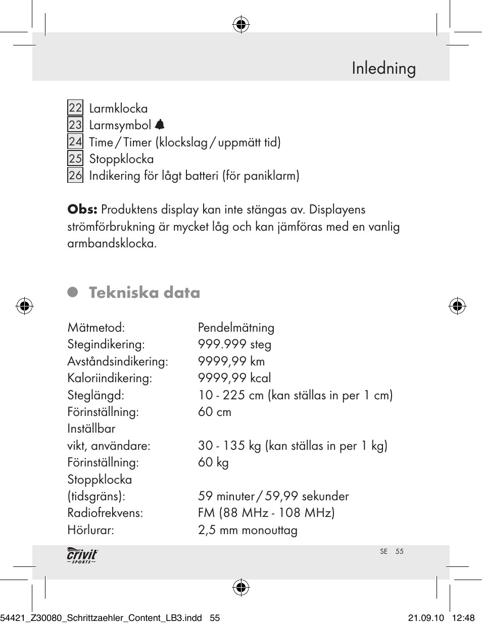 Inledning, Tekniska data | Crivit Z30080 User Manual | Page 53 / 94