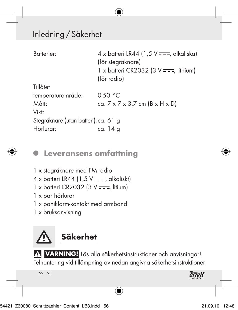 Säkerhet inledning / säkerhet, Leveransens omfattning, Säkerhet | Crivit Z30080 User Manual | Page 54 / 94