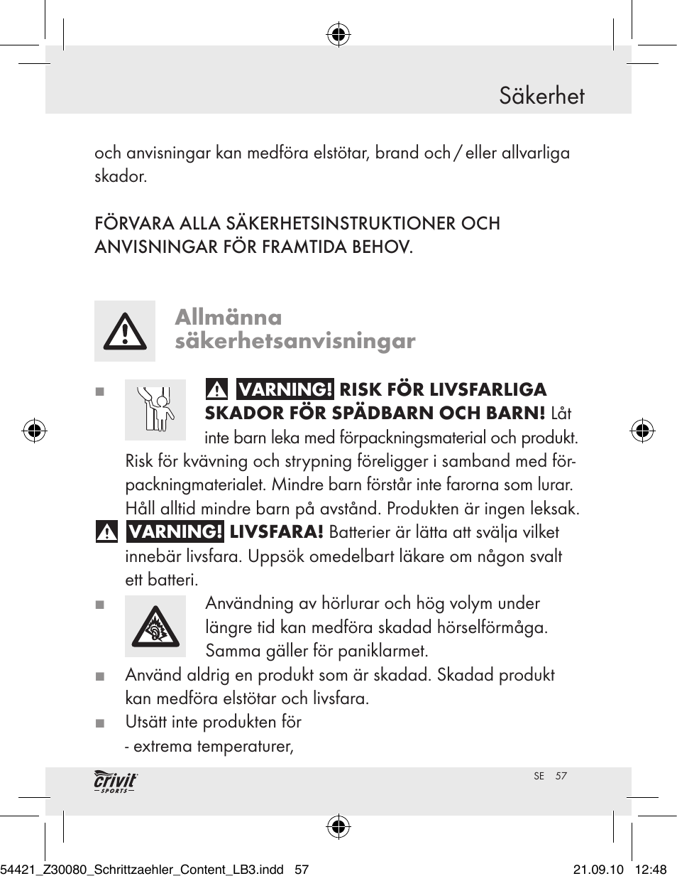 Säkerhet, Allmänna säkerhetsanvisningar | Crivit Z30080 User Manual | Page 55 / 94