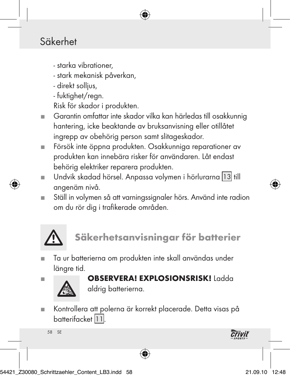 Säkerhet / före användning säkerhet, Säkerhetsanvisningar för batterier | Crivit Z30080 User Manual | Page 56 / 94