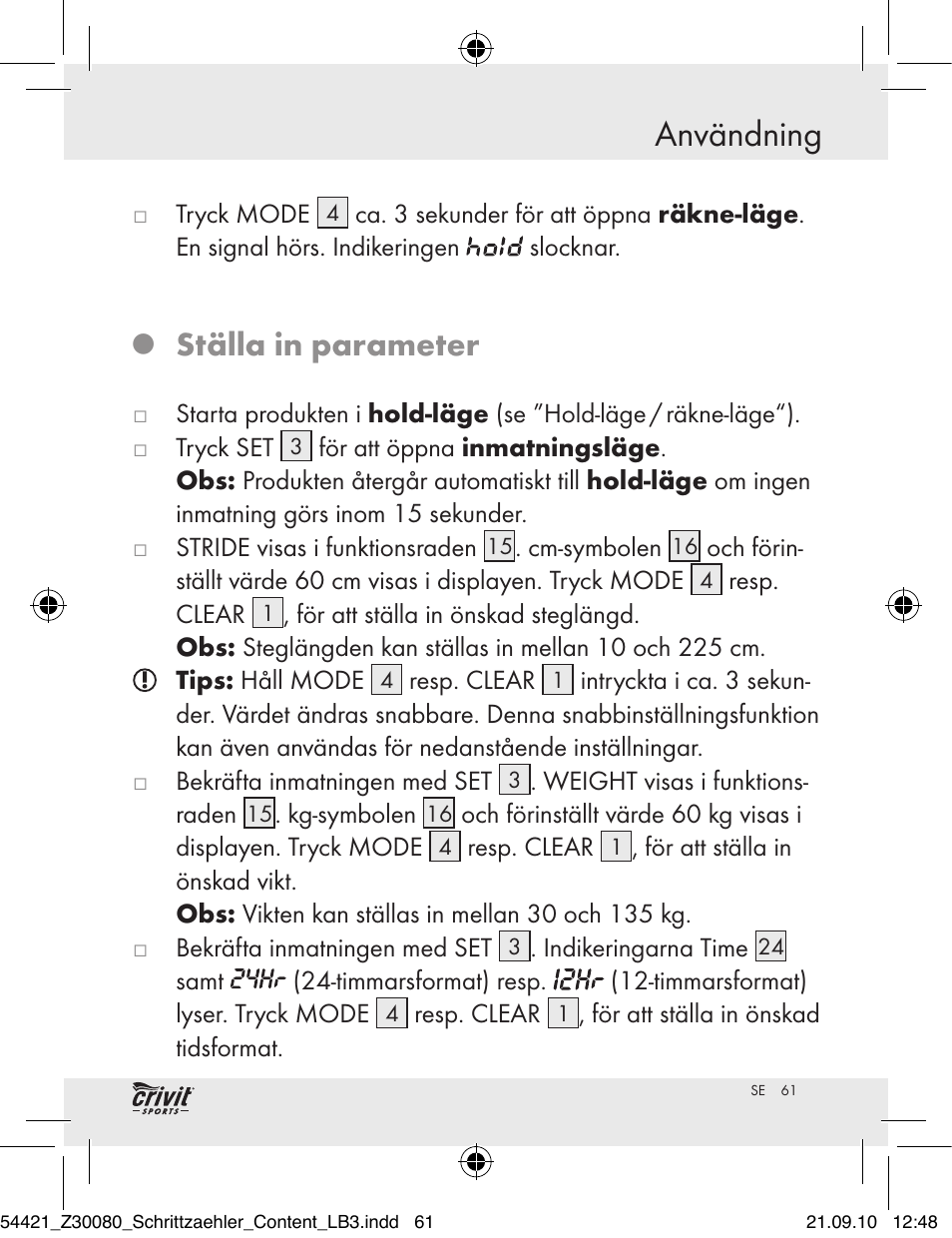 Användning, Ställa in parameter | Crivit Z30080 User Manual | Page 59 / 94