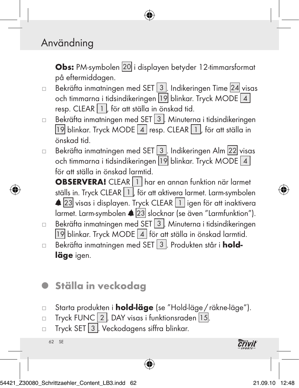 Användning, Ställa in veckodag | Crivit Z30080 User Manual | Page 60 / 94