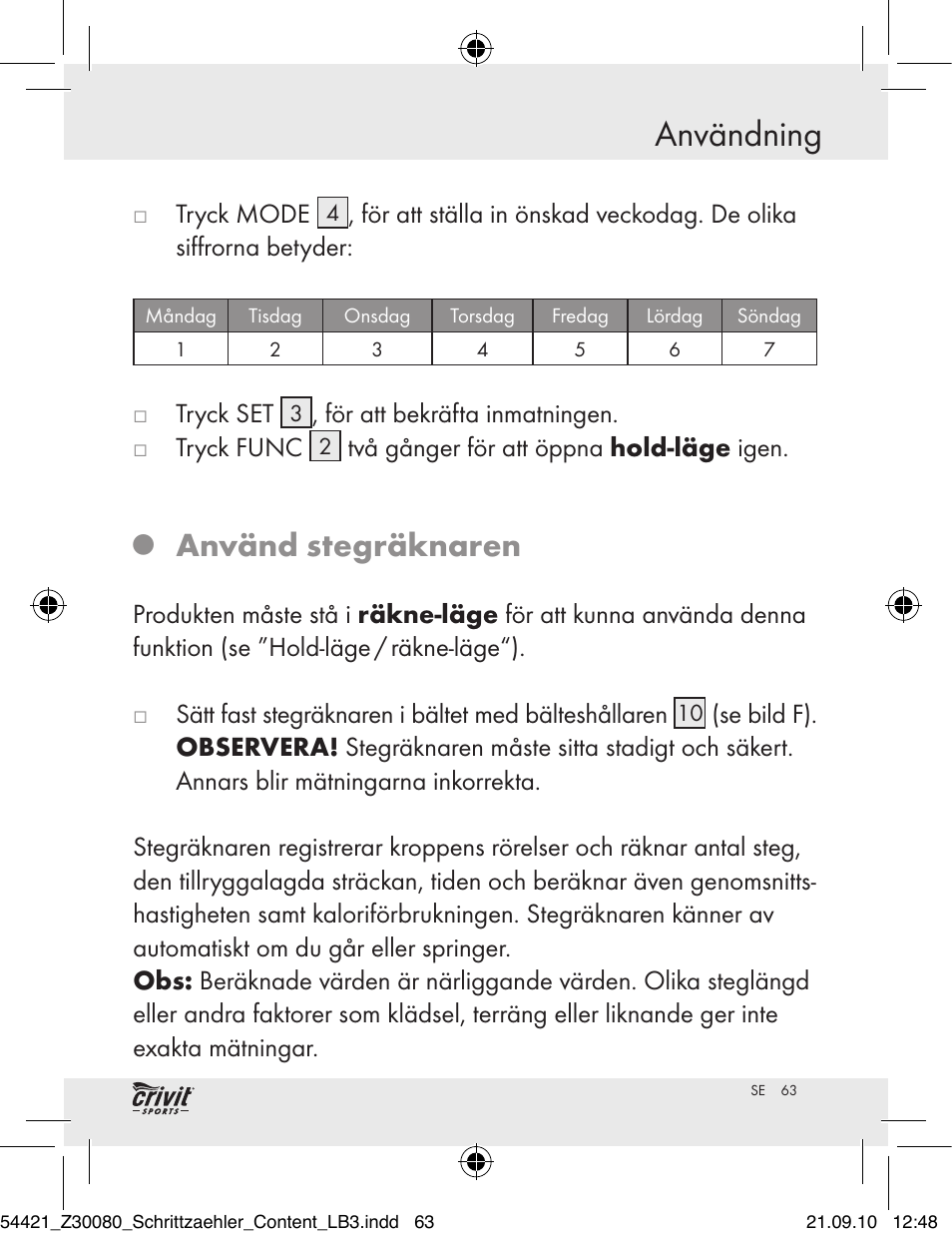 Användning, Använd stegräknaren | Crivit Z30080 User Manual | Page 61 / 94