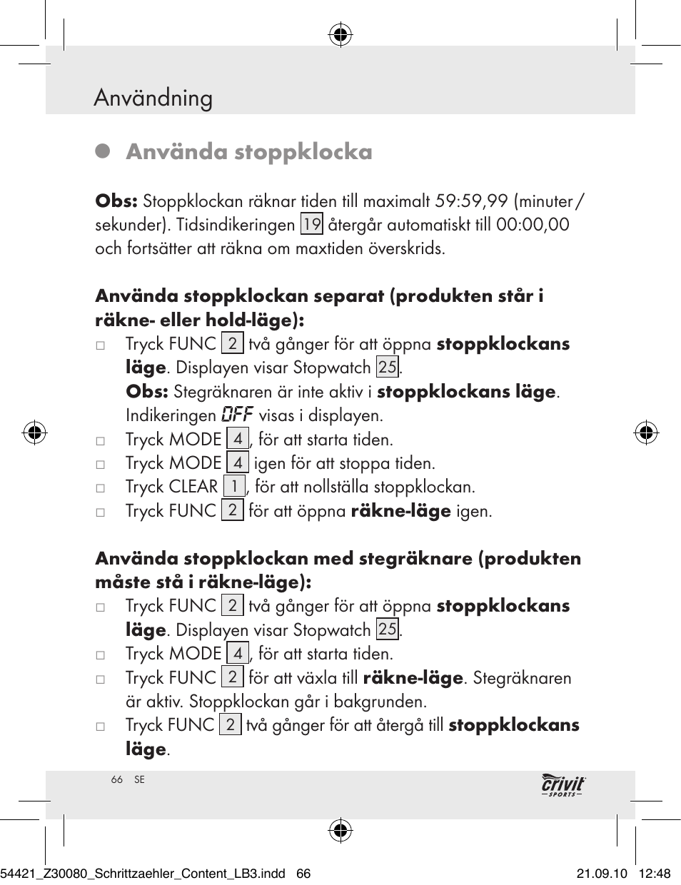Användning, Använda stoppklocka | Crivit Z30080 User Manual | Page 64 / 94