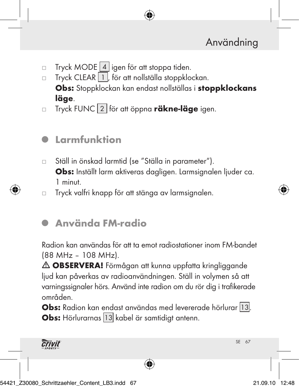 Användning, Larmfunktion, Använda fm-radio | Crivit Z30080 User Manual | Page 65 / 94