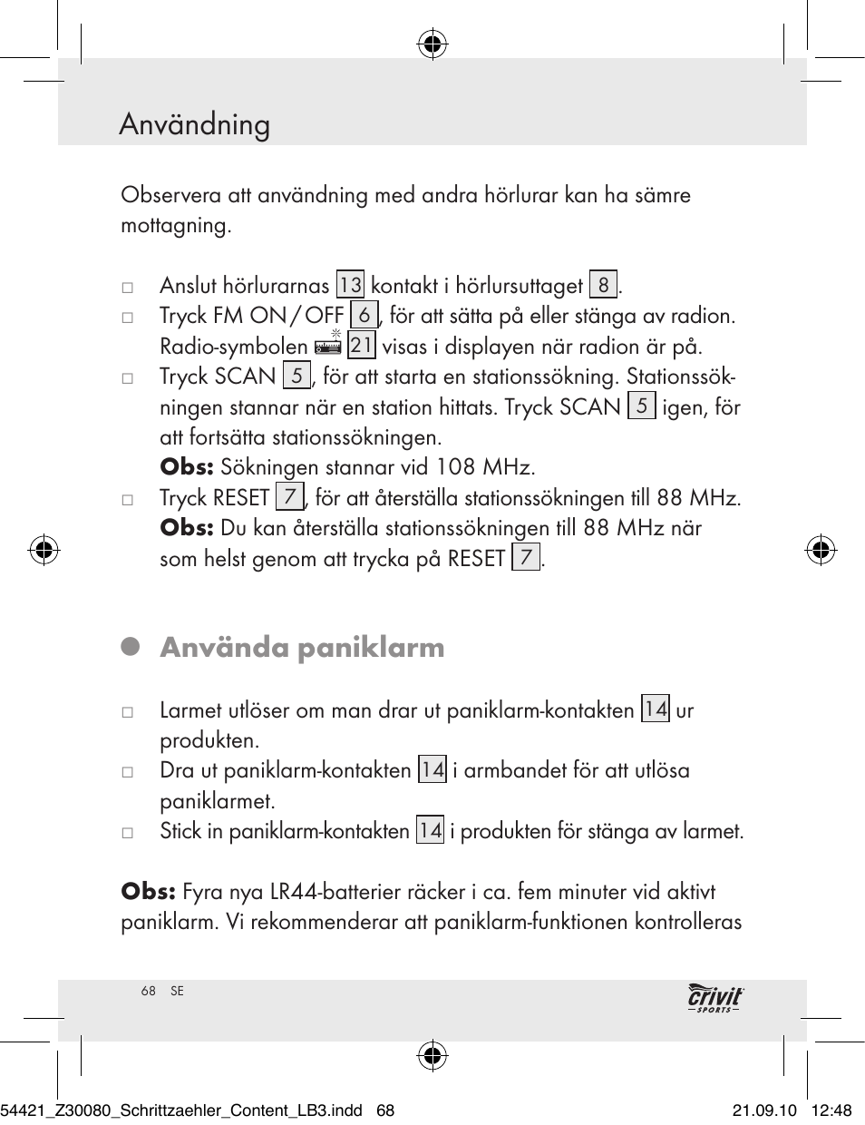 Användning, Använda paniklarm | Crivit Z30080 User Manual | Page 66 / 94