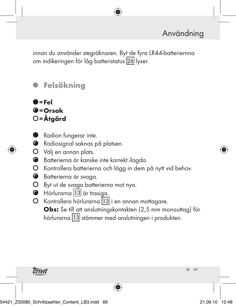 Användning, Felsökning | Crivit Z30080 User Manual | Page 67 / 94