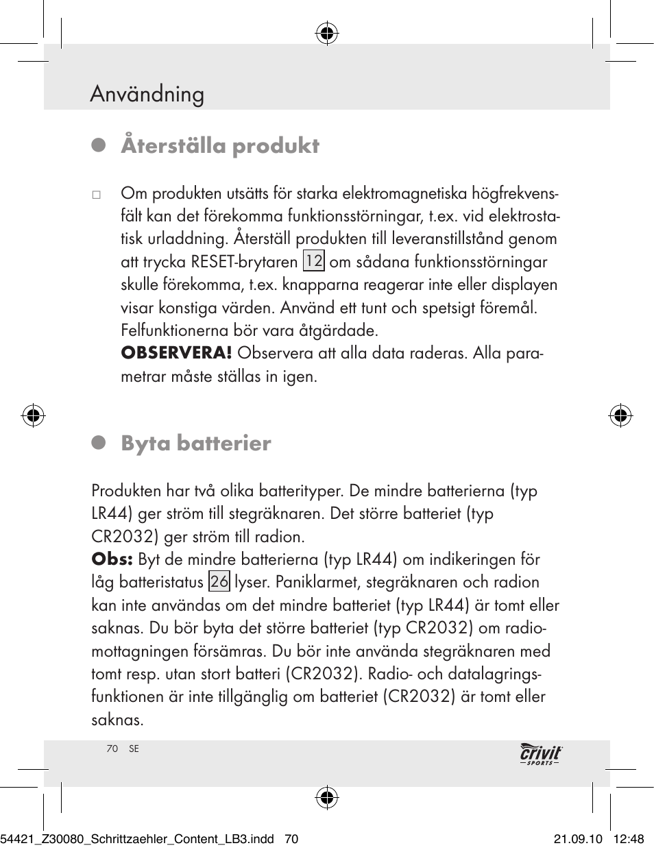 Användning / rengöring och skötsel användning, Återställa produkt, Byta batterier | Crivit Z30080 User Manual | Page 68 / 94