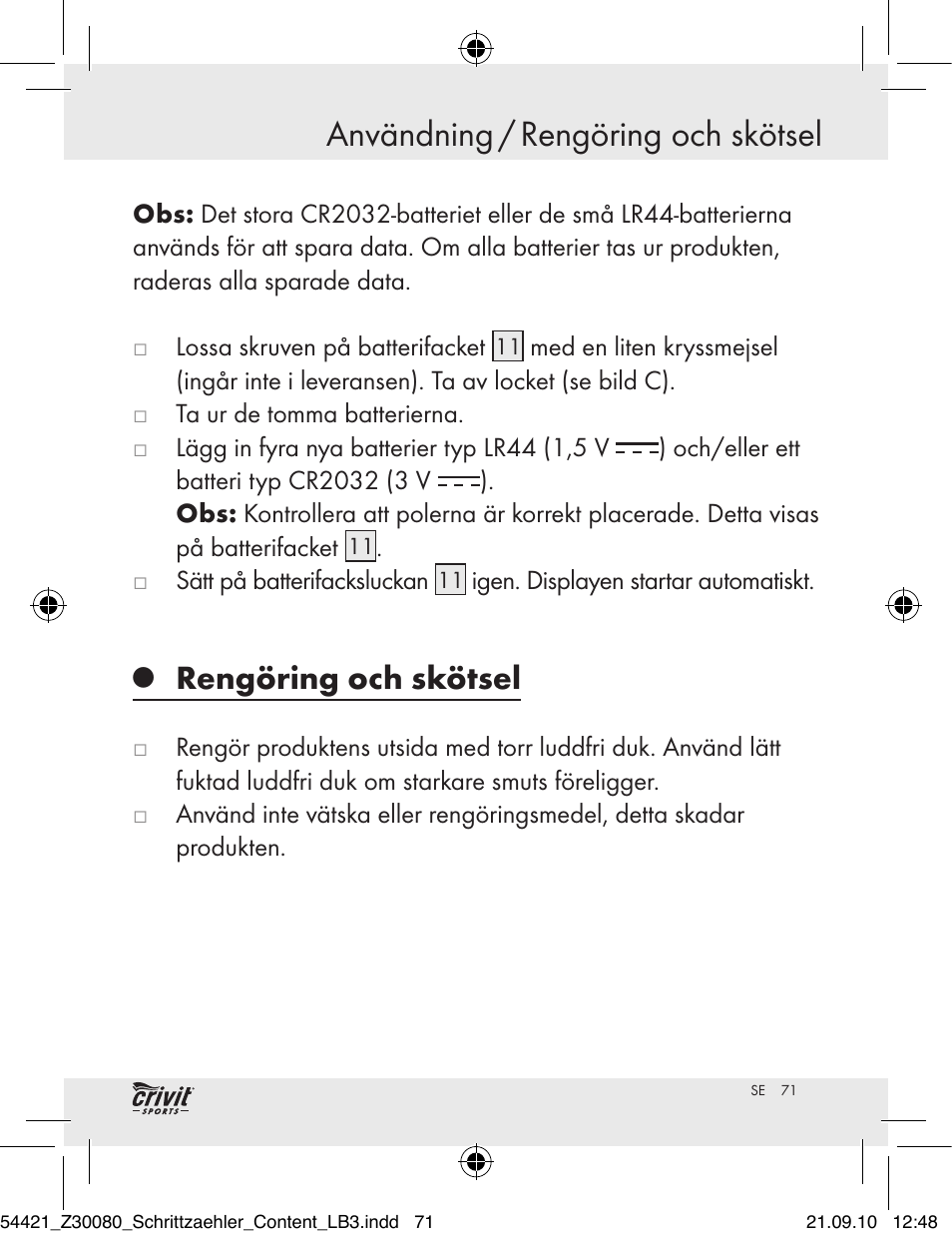 Användning / rengöring och skötsel, Rengöring och skötsel | Crivit Z30080 User Manual | Page 69 / 94