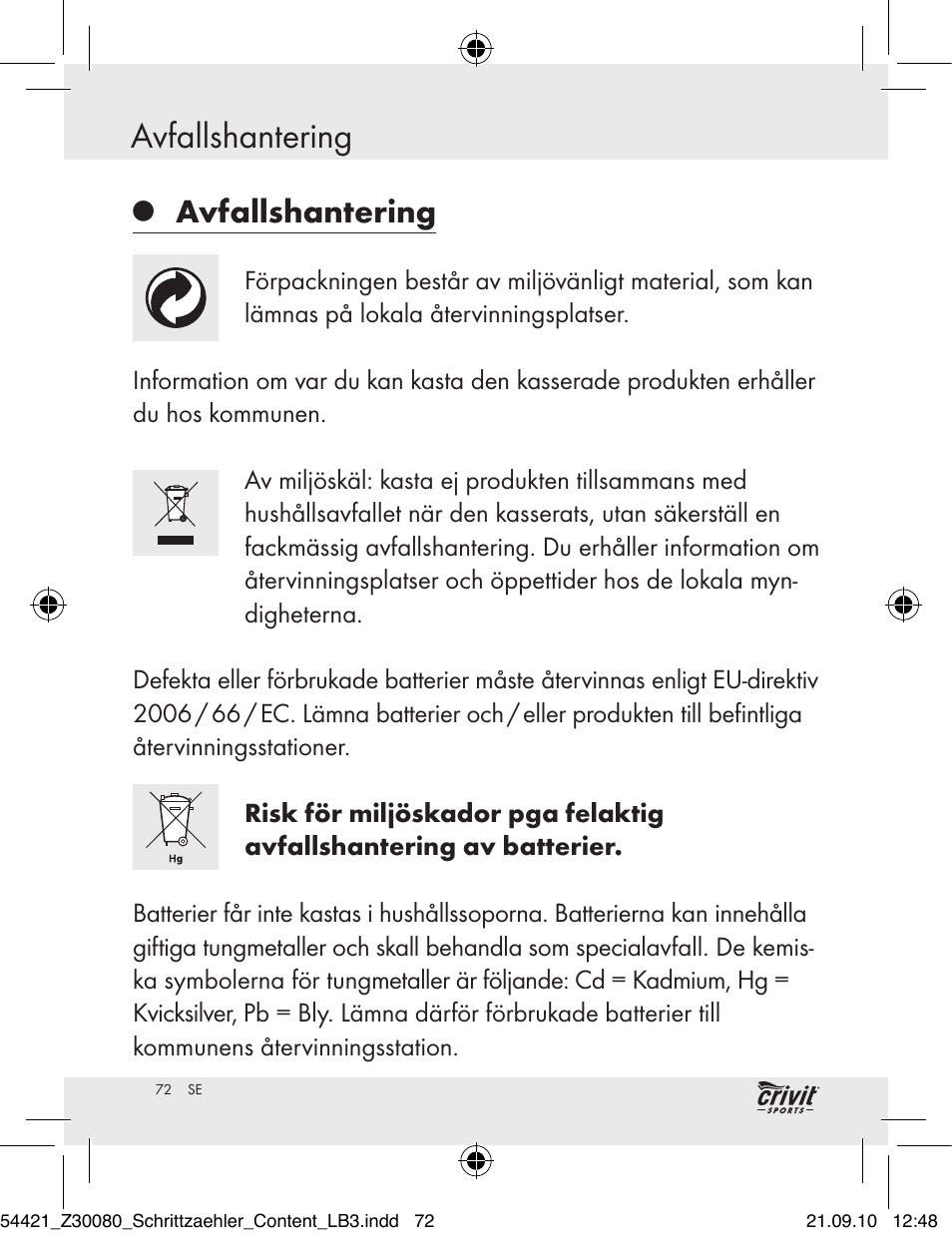 Avfallshantering | Crivit Z30080 User Manual | Page 70 / 94