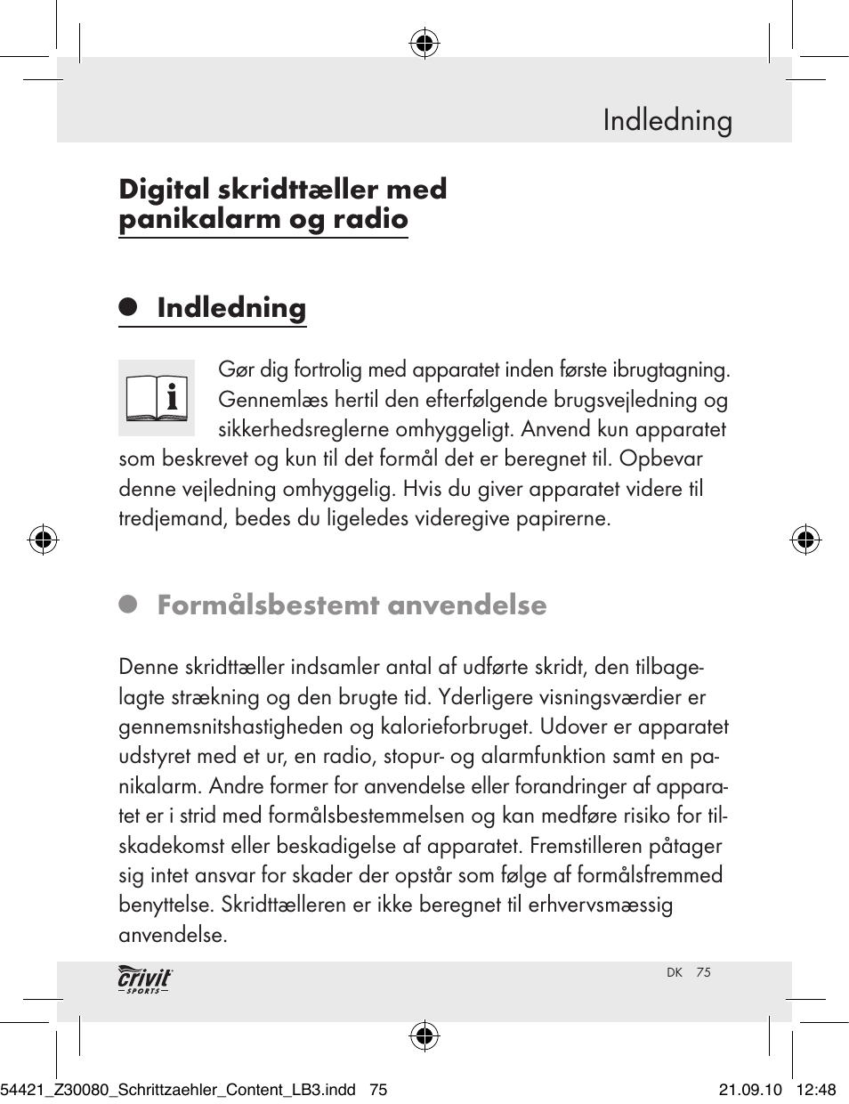 Indledning, Digital skridttæller med panikalarm og radio, Formålsbestemt anvendelse | Crivit Z30080 User Manual | Page 73 / 94