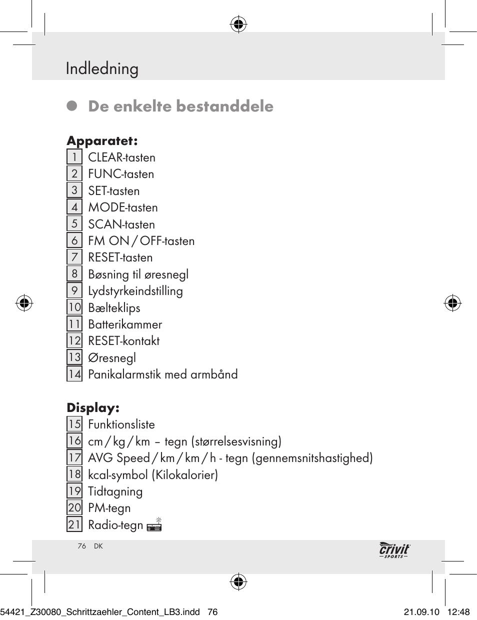Indledning, De enkelte bestanddele | Crivit Z30080 User Manual | Page 74 / 94