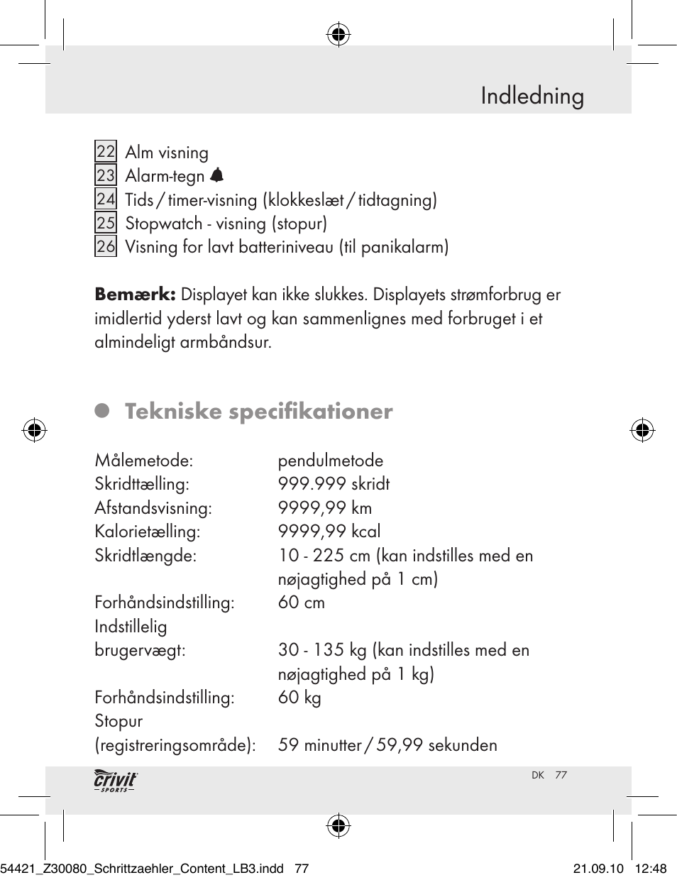 Indledning, Tekniske specifikationer | Crivit Z30080 User Manual | Page 75 / 94