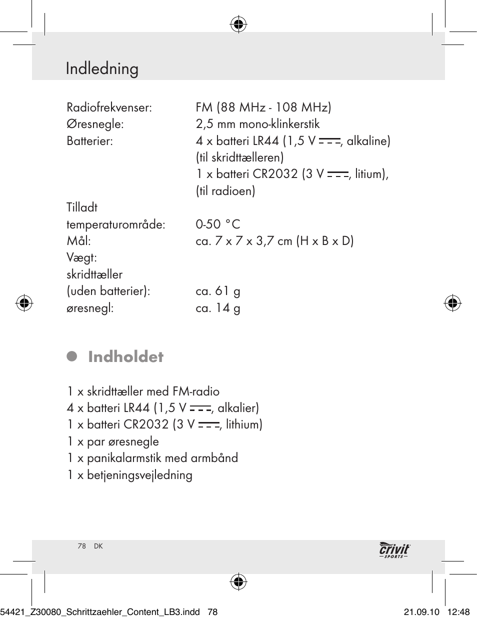 Sikkerhed indledning, Indholdet | Crivit Z30080 User Manual | Page 76 / 94
