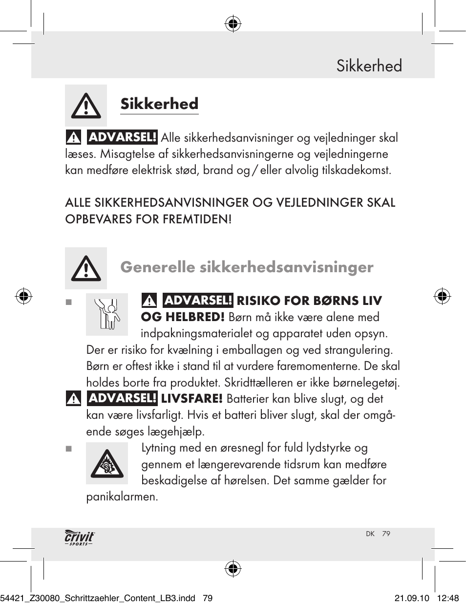 Sikkerhed, Generelle sikkerhedsanvisninger | Crivit Z30080 User Manual | Page 77 / 94