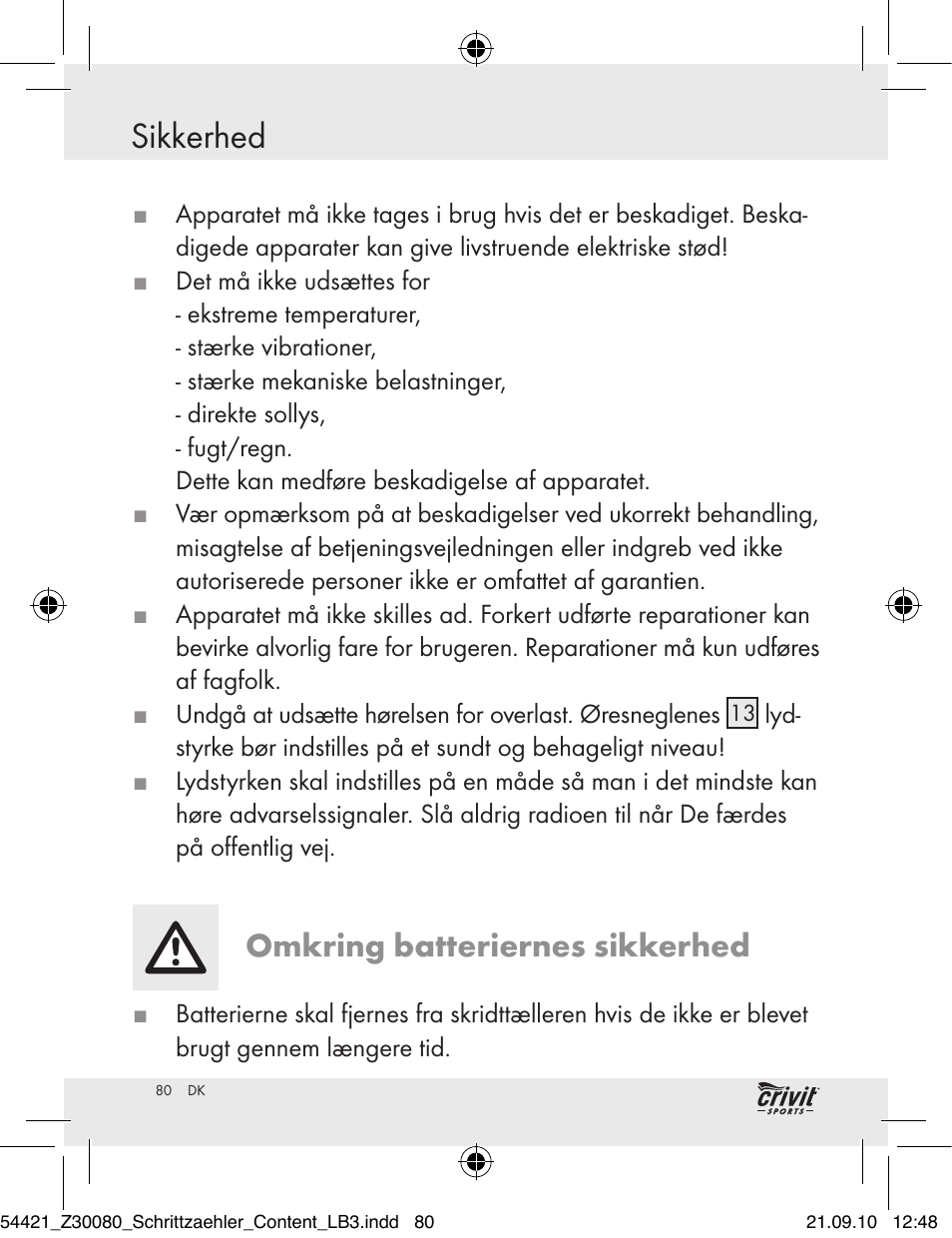 Sikkerhed, Omkring batteriernes sikkerhed | Crivit Z30080 User Manual | Page 78 / 94