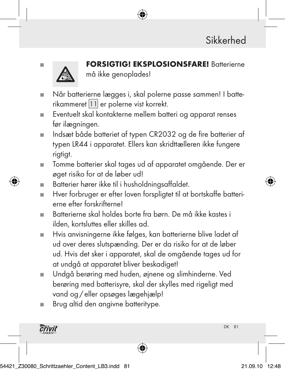 Sikkerhed | Crivit Z30080 User Manual | Page 79 / 94