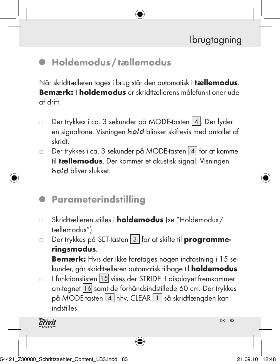 Ibrugtagning, Holdemodus / tællemodus, Parameterindstilling | Crivit Z30080 User Manual | Page 81 / 94