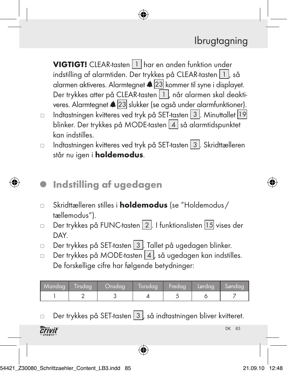Ibrugtagning, Indstilling af ugedagen | Crivit Z30080 User Manual | Page 83 / 94