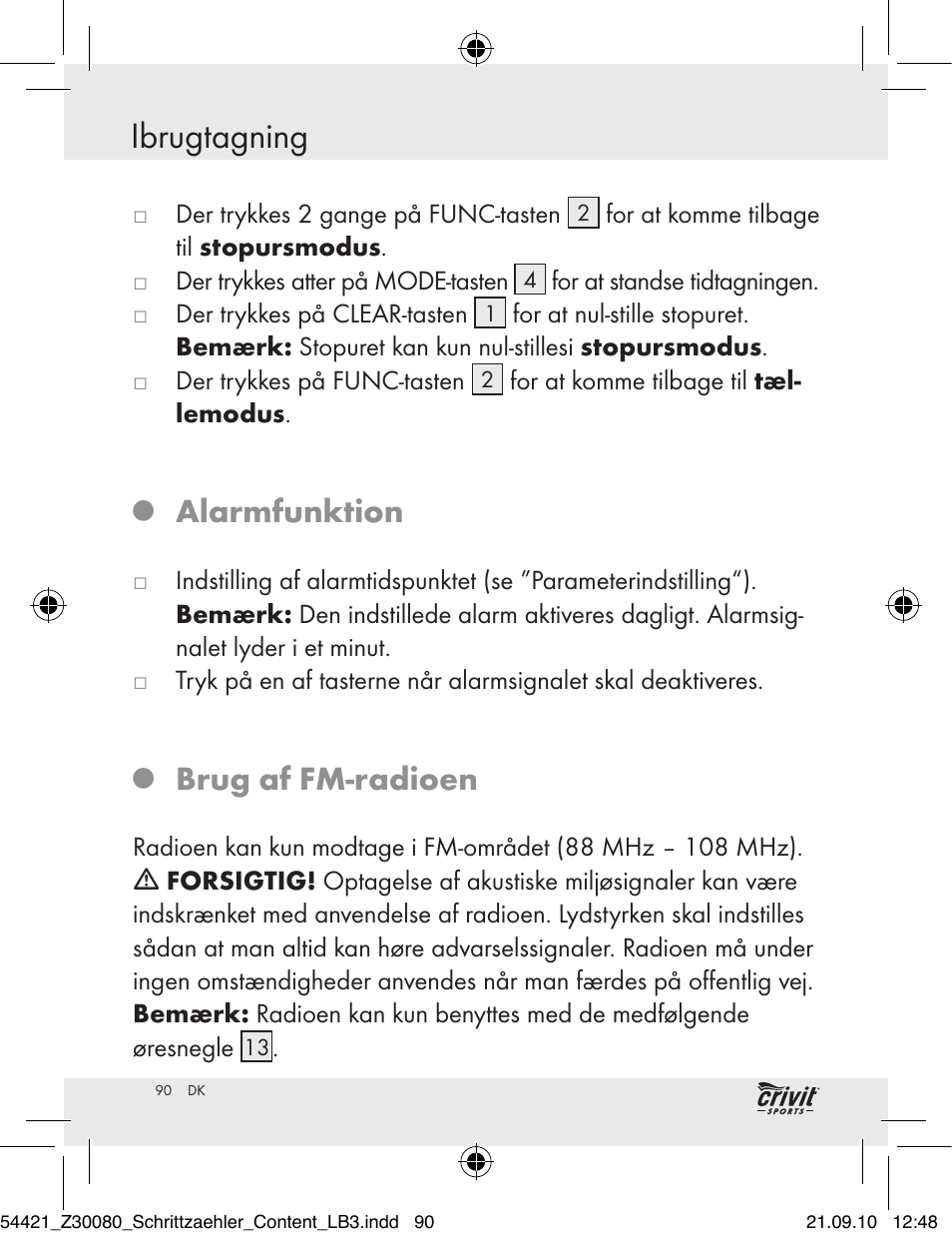 Ibrugtagning, Alarmfunktion, Brug af fm-radioen | Crivit Z30080 User Manual | Page 88 / 94