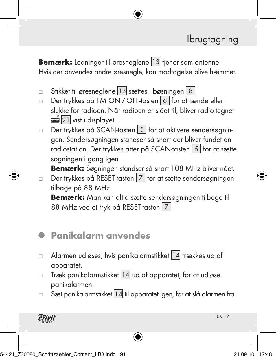 Ibrugtagning, Panikalarm anvendes | Crivit Z30080 User Manual | Page 89 / 94