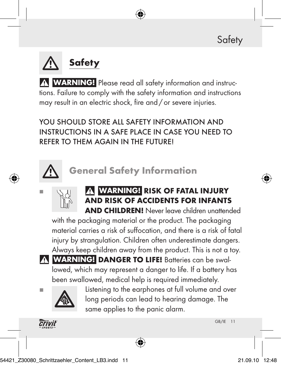 Safety, General safety information | Crivit Z30080 User Manual | Page 9 / 94