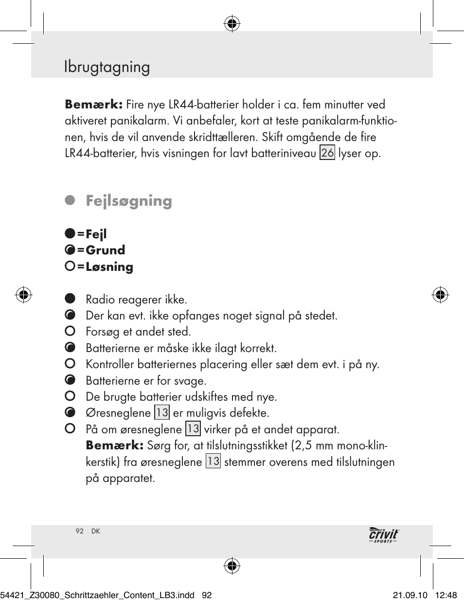 Ibrugtagning, Fejlsøgning | Crivit Z30080 User Manual | Page 90 / 94