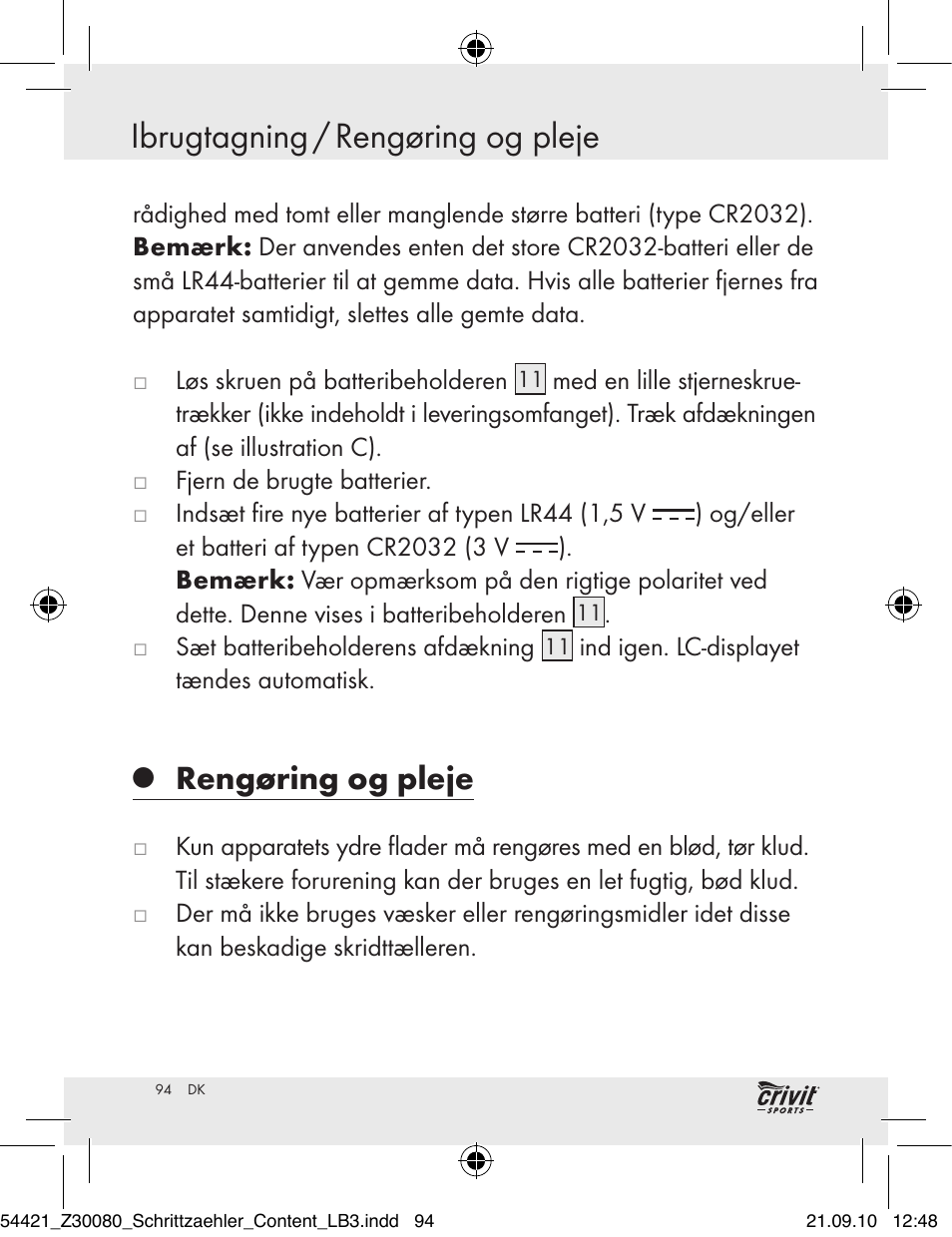 Bortskaffelse ibrugtagning / rengøring og pleje, Rengøring og pleje | Crivit Z30080 User Manual | Page 92 / 94