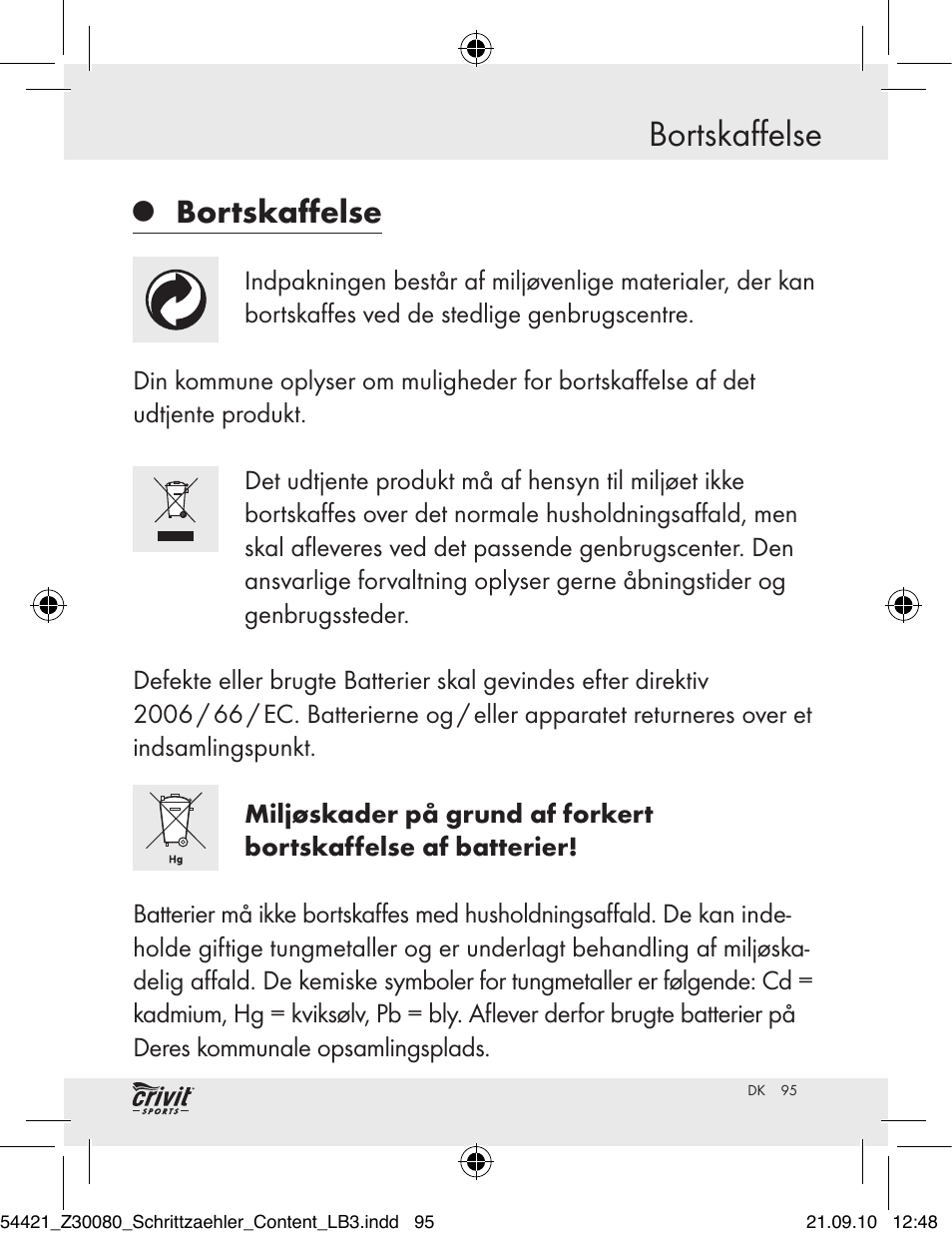 Bortskaffelse | Crivit Z30080 User Manual | Page 93 / 94